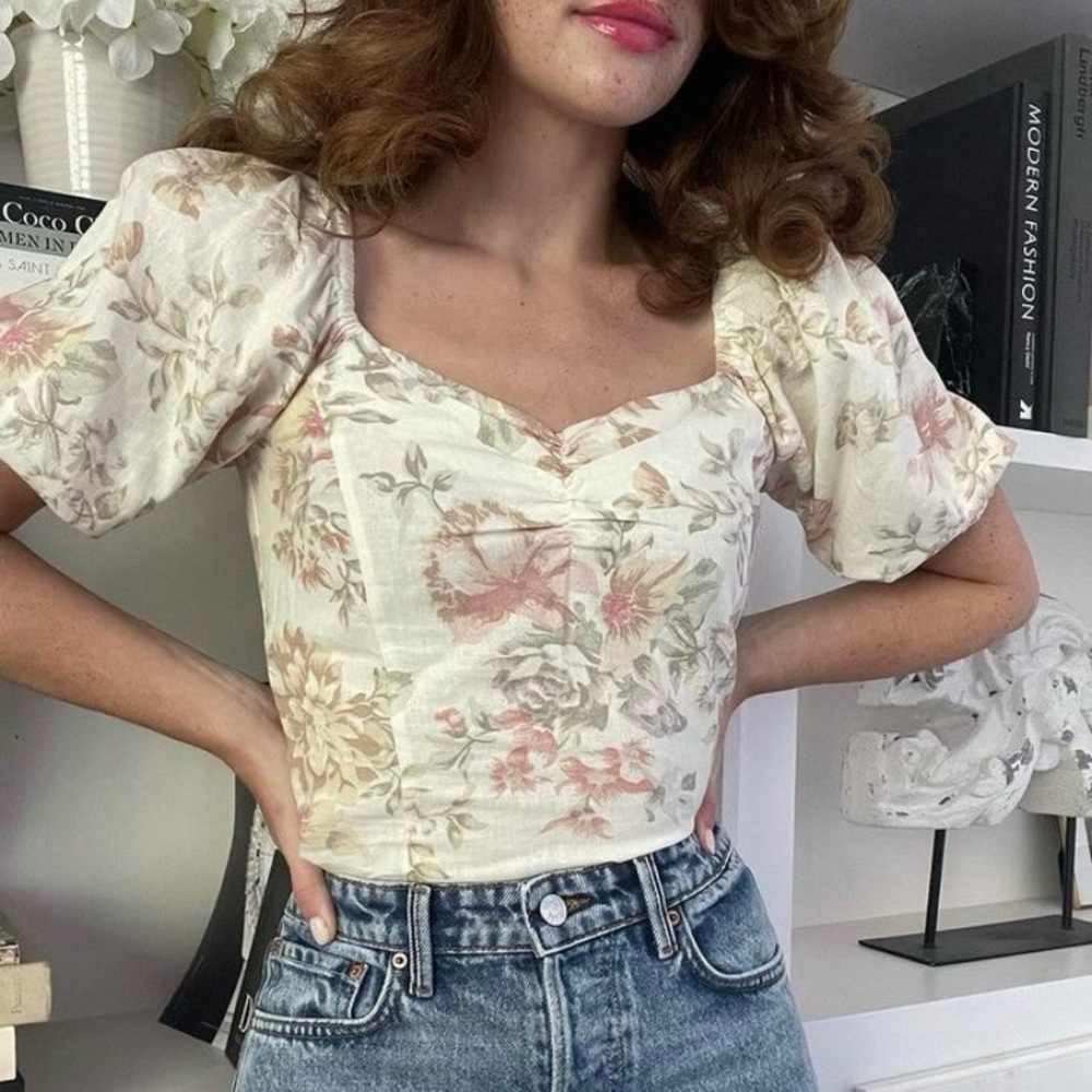 Puff Sleeve Floral Sweetheart Neck Linen Prairie Style Top